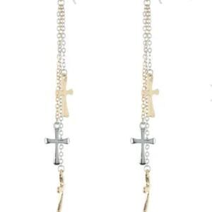 NEW - AREA STARS Mini Cross Triple Layer 3 tone Earrings dangly silver & gold